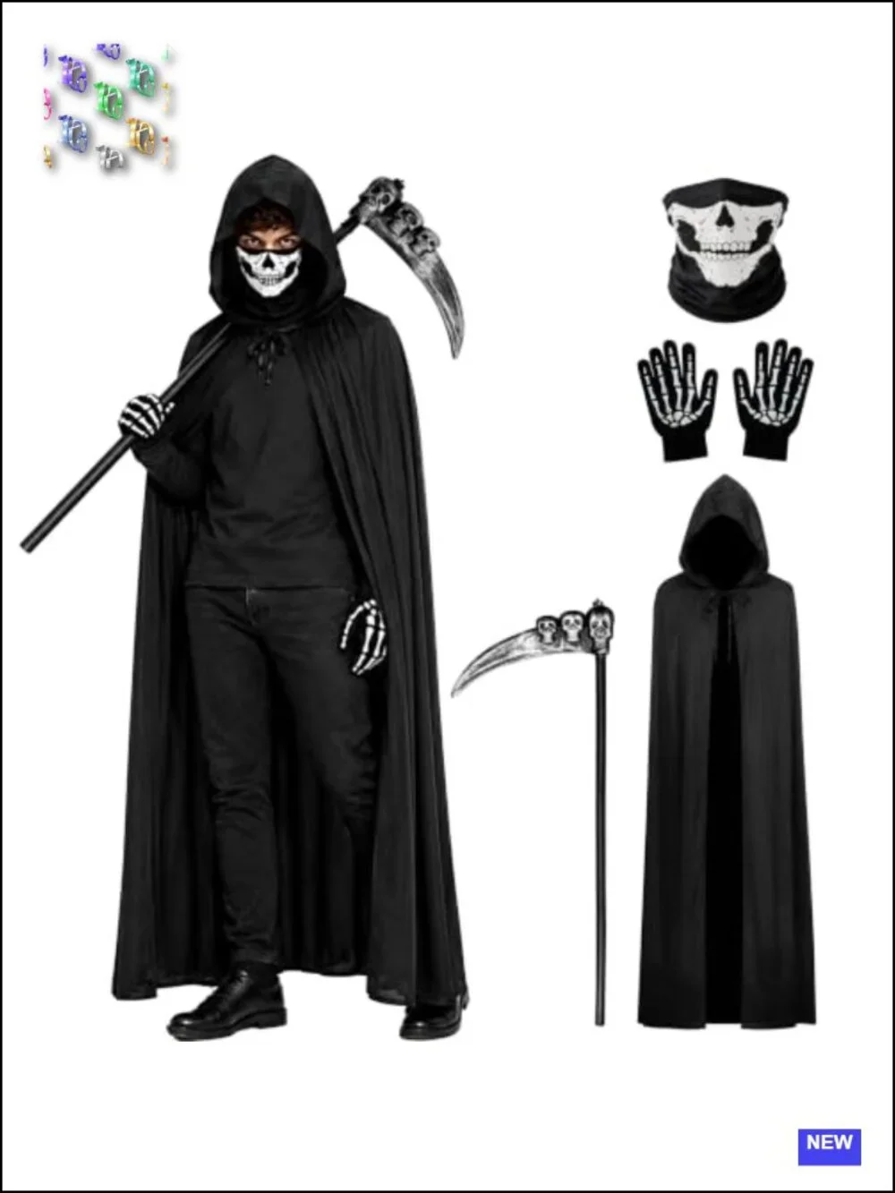 Grim Reaper Cloak Costume Halloween Hooded Cape Cosplay Scary Outfit Set